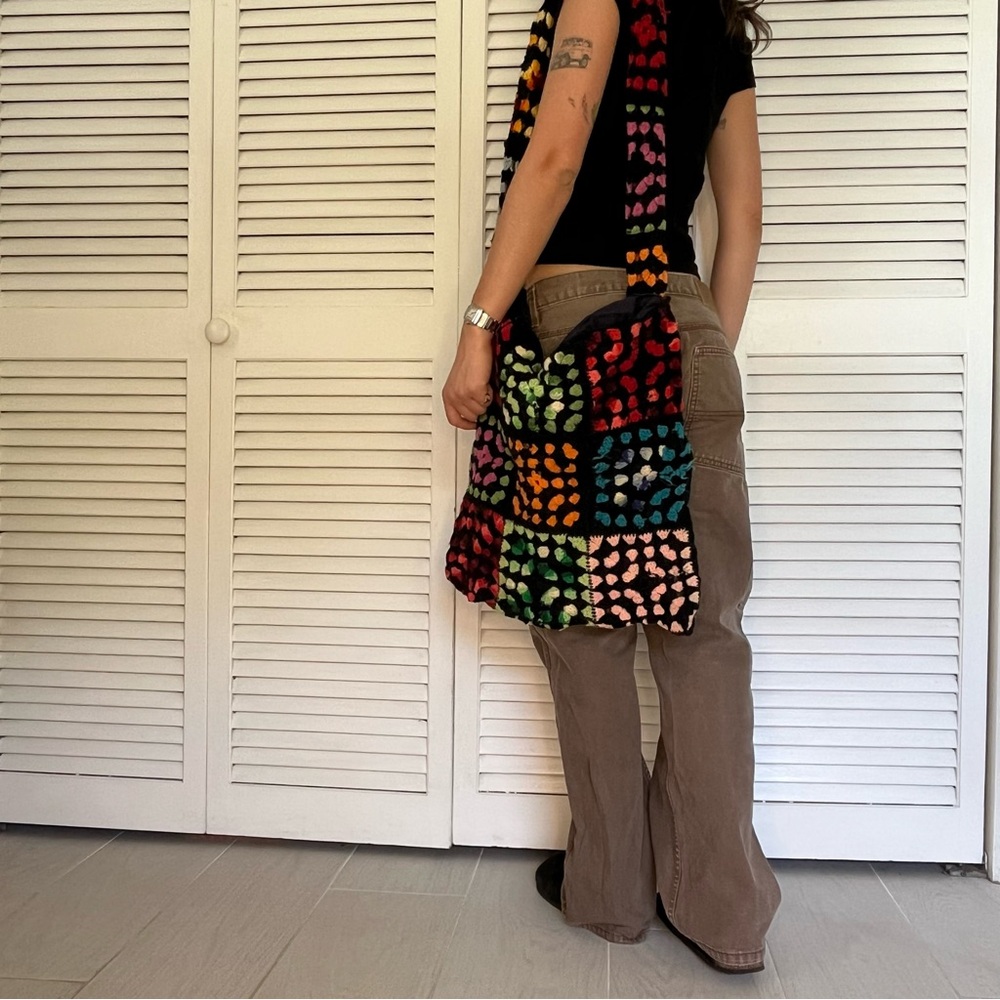 handmade rainbow grandma square crochet tote